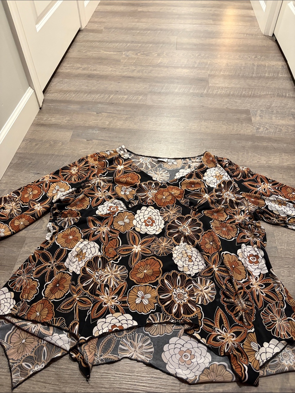 Cato Black Floral Long-Sleeve Blouse with Brown & White Flowers